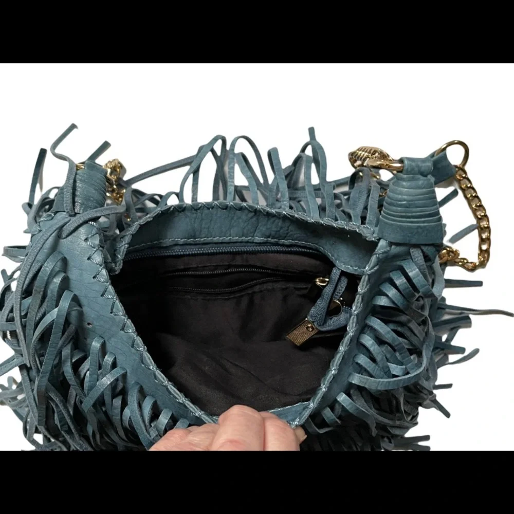 Fringed Leather Crossbody Bag in Dark Teal with Chain Strap